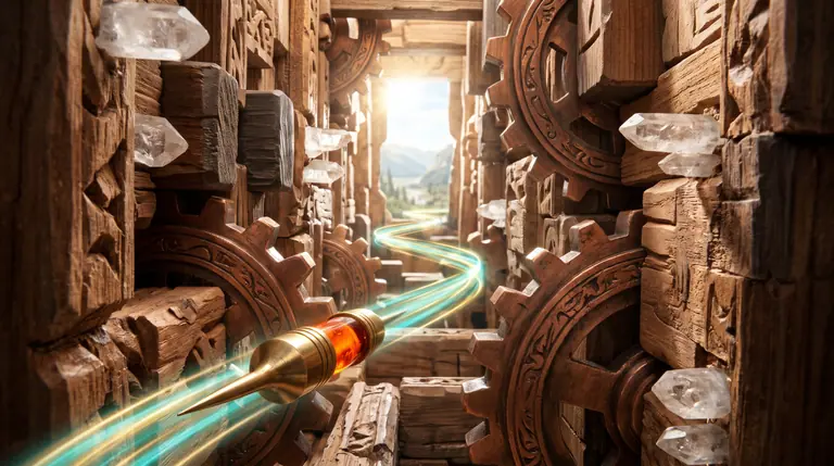 A burnished-brass and vermilion-amber arrow darting in a sharp diagonal zigzag between rotating copper gear-cogs and cedar canyon walls.