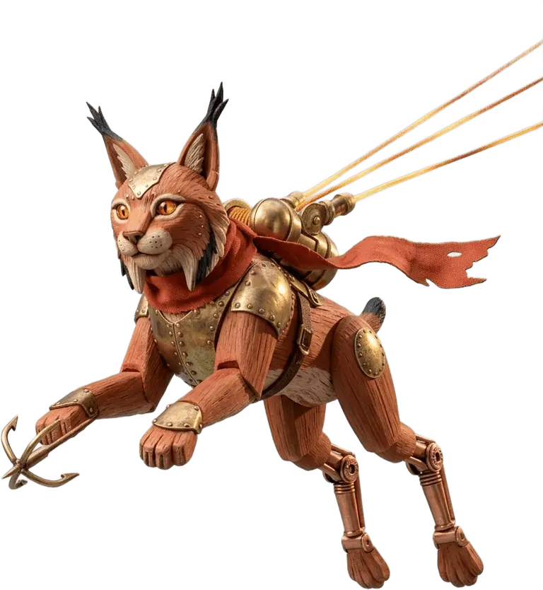 Bohrim the red-cedar and brass lynx leaping upward with a brass grappling hook and glowing amber cable.
