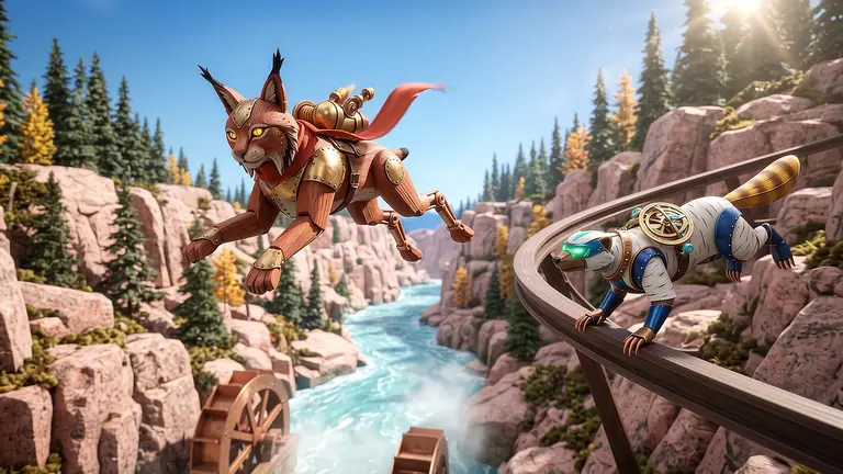 Bohrim the carved red-cedar lynx vaulting on a glowing amber grappling cable while Ralka the white-birch wolverine wall-runs along a brass and ironwood canyon obstacle course in bright northern sunlight.