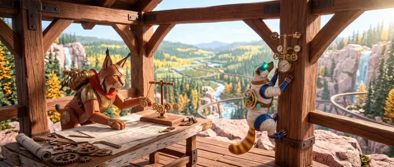 Bohrim and Ralka inside a high timber lookout pavilion inspecting a miniature mechanical model of the canyon obstacle course.